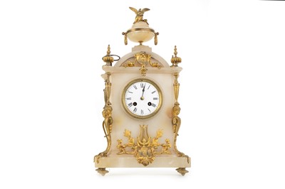 Lot 1020 - GILT METAL AND ALABASTER MANTEL CLOCK