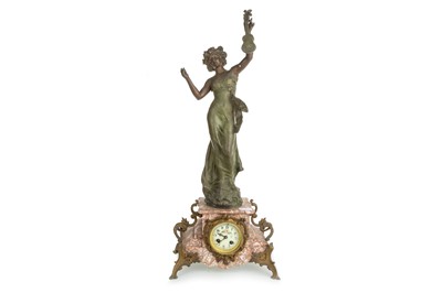 Lot 1021 - BRONZED SPELTER AND MARBLE FIGURAL MANTEL CLOCK