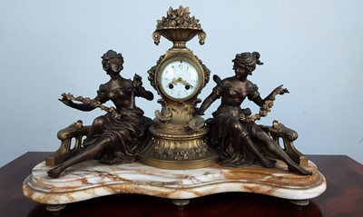 Lot 1022 - BRONZED SPELTER AND MARBLE MANTEL CLOCK