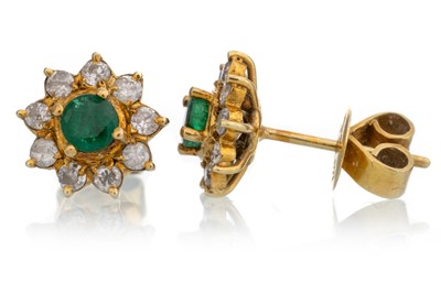 Lot 684 - PAIR OF EMERALD AND DIAMOND CLUSTER EARRINGS