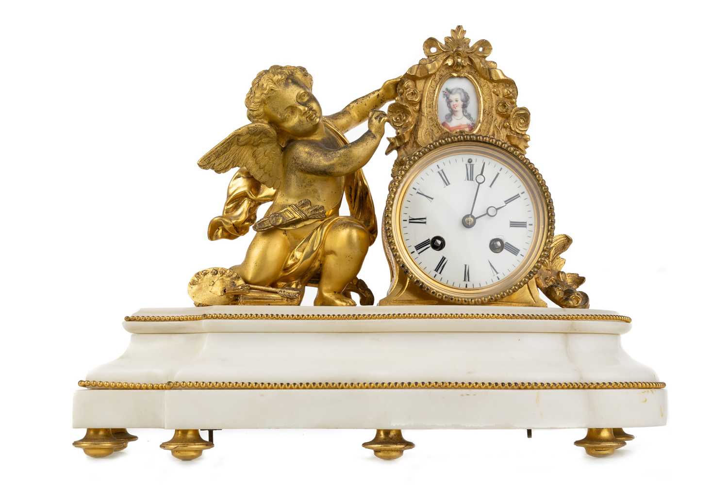 Lot 1034 - FRENCH GILT METAL AND MARBLE MANTEL CLOCK