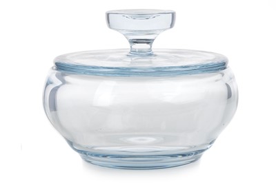 Lot 426 - JAMES POWELL AND SONS (WHITEFRIARS), PALE BLUE GLASS JAR AND COVER