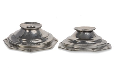 Lot 416 - WALKER & CO., PAIR OF 'HOMELAND' ARTS & CRAFTS HAMMERED SILVER ON PEWTER CANDLESTICKS