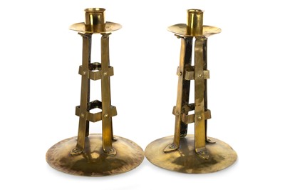 Lot 421 - PAIR OF ARTS & CRAFTS BRASS CANDLESTICKS