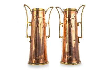 Lot 417 - PAIR OF SECESSIONIST COPPER & BRASS VASES