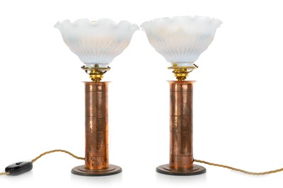 Lot 437 - PAIR OF CONTINENTAL ART DECO HAMMERED COPPER TABLE LAMPS