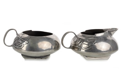 Lot 457 - ARCHIBALD KNOX (BRITISH, 18644-1933) FOR LIBERTY & CO., TUDRIC PEWTER CREAM JUG AND SUGAR BOWL