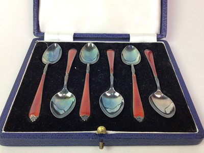 Lot 267 - SET OF SIX SILVER AND ENAMEL COFFEE SPOONS.