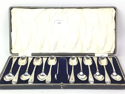 Lot 251 - SET OF TWELVE SILVER TEASPOONS AD TONGS