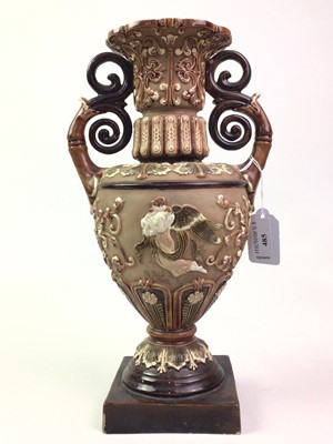 Lot 485 - MAJOLICA TWIN HANDLED VASE