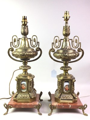 Lot 451 - PAIR OF CAST METAL AND MARBLE TABLE LAMPS