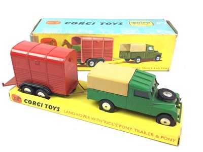 Lot 217 - CORGI TOYS, LAND-ROVER WITH 'RICES' PONY TRAILER AND PONY SET