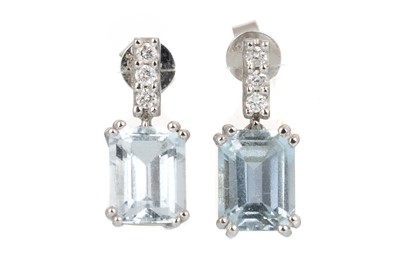 Lot 452 - PAIR OF AQUAMARINE AND DIAMOND EARRINGS