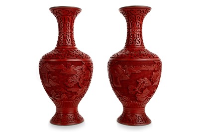 Lot 1258 - PAIR OF CHINESE CINNABAR VASES