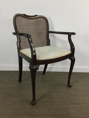 Lot 253 - MAHOGANY CANE BACK OPEN ELBOW CHAIR