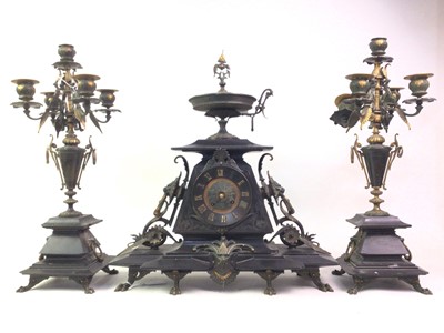 Lot 1055 - VICTORIAN EGYPTIAN REVIVAL BLACK SLATE CLOCK GARNITURE