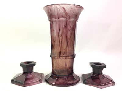 Lot 449 - ART DECO GLASS VASE AND CANDLESTICKS