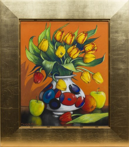 Lot 52 - * MARY GALLAGHER, TULIPS IN A PATTERNED VASE...