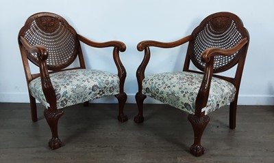 Lot 564 - PAIR OF WALNUT CANE BACKED ARMCHAIRS