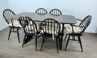 Lot 579 - ERCOL DINING TABLE AND SIX CHAIRS