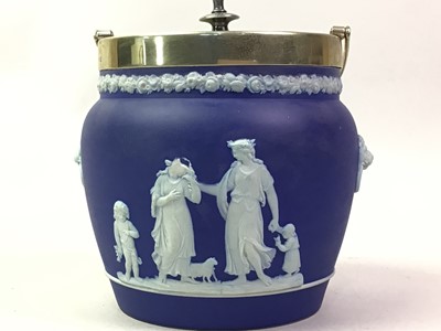 Lot 744 - WEDGWOOD BLUE JASPER BISCUIT BARREL