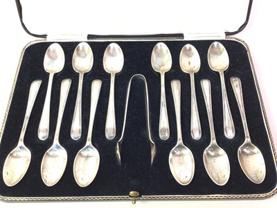 Lot 779 - SET OF TWELVE SILVER TEASPOONS AND SUGAR TONGS