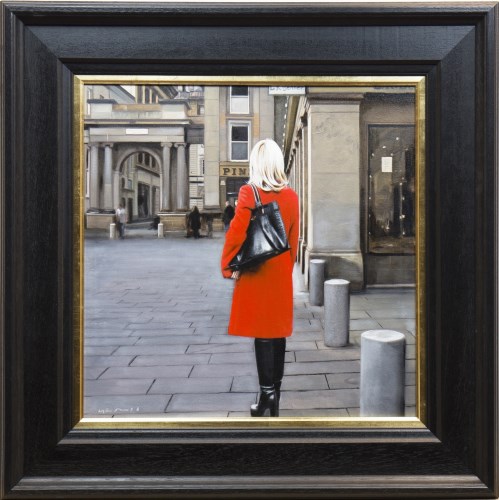 Lot 109 - GERARD BURNS, RED COAT IN THE SQUARE oil on...