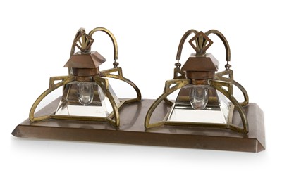 Lot 502 - SECESSIONIST COPPER AND BRASS DOUBLE INKSTAND