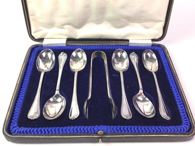 Lot 396 - SET OF GEORGE V SILVER TEA SPOONS AND TONGS