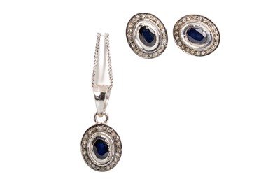 Lot 537 - SAPPHIRE AND DIAMOND PENDANT AND EARRING SET