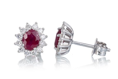 Lot 579 - PAIR OF RUBY AND DIAMOND CLUSTER EARRINGS