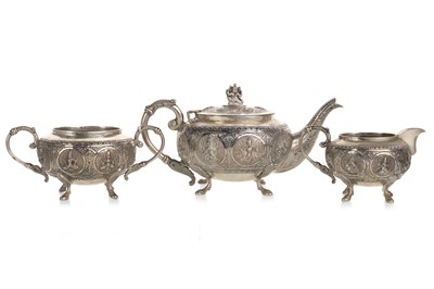 Lot 1299 - INDO-TIBETAN WHITE METAL THREE PIECE TEA SERVICE