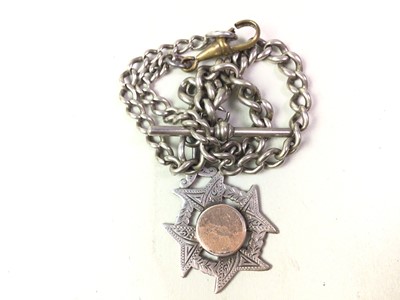 Lot 26 - SILVER ALBERT WITH TWO HOOKS, BAR AND MEDAL FOB