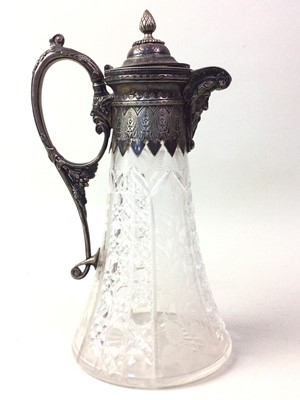 Lot 222 - VICTORIAN SILVER PLATE AND CUT GLASS CLARET JUG