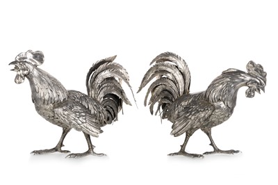 Lot 544 - PAIR OF SILVER PLATED FIGHTING COCKERELS