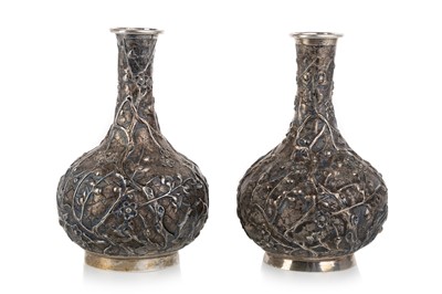 Lot 1371 - PAIR OF CHINESE SILVER MINIATURE BOTTLE VASES