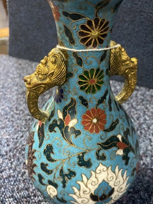 Lot 1387 - CHINESE CLOISONNE MING STYLE TWIN HANDLED VASE