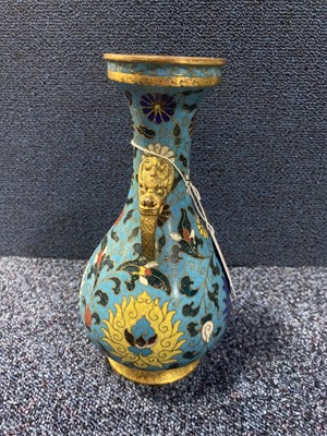 Lot 1387 - CHINESE CLOISONNE MING STYLE TWIN HANDLED VASE