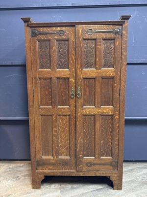 Lot 574 - IN THE MANNER OF SHAPLAND & PETTER FOR WYLIE & LOCHHEAD, ARTS & CRAFTS OAK WARDROBE