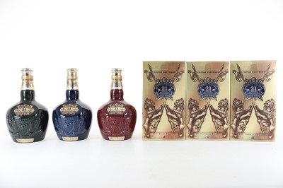 Lot 36 - CHIVAS ROYAL SALUTE 21 YEAR OLD RUBY, EMERALD AND SAPPHIRE DECANTERS