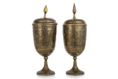 Lot 1402 - PAIR OF INDIAN BRASS LIDDED GOBLETS