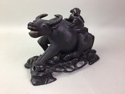 Lot 771 - CHINESE CARVED WOOD FIGURE OF A WATER BUFFALO AND RIDER