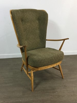 Lot 596 - ERCOL, WINDSOR MODEL 203 BEECH ARMCHAIR AND MATCHING FOOTSTOOL