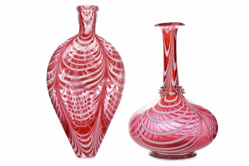 Lot 452 - NAILSEA RUBY GLASS FLASK 22cm long; together...