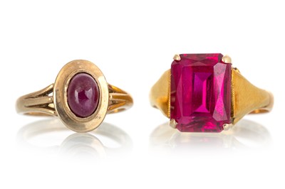 Lot 717 - RUBY RING ALONG WITH A SYNTHETIC RUBY RING