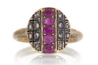 Lot 720 - RUBY AND DIAMOND CIRCULAR PANEL RING