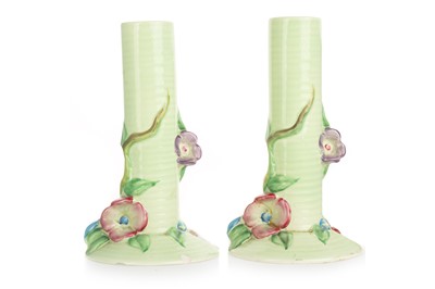 Lot 611 - CLARICE CLIFF FOR NEWPORT POTTERY, PAIR OF 'MY GARDEN' SPILL VASES