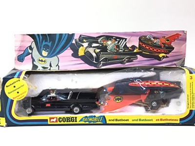 Lot 355 - VINTAGE CORGI BATMAN BATMOBILE AND BATBOAT SET