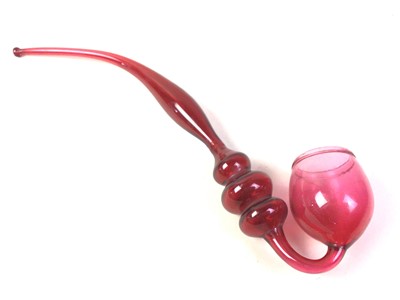 Lot 461 - VICTORIAN CRANBERRY GLASS PIPE, IN THE MANNER OF NAILSEA