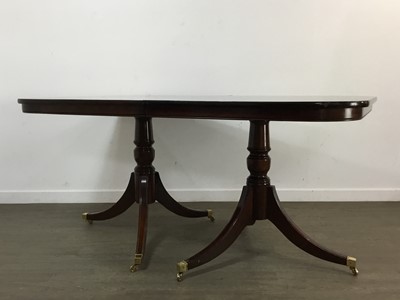 Lot 410 - MAHOGANY TWIN PEDESTAL REPRODUCTION DINING TABLE AND CHAIRS